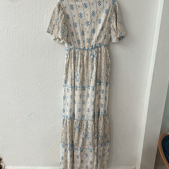 Boho Blue Gold Orange Metallic Sequin V Neck Tassel Made in India Tiered Dress - Picture 8 of 8